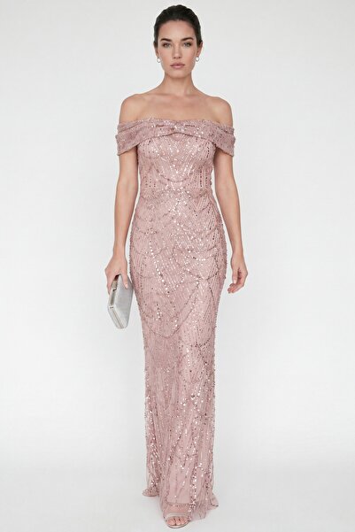 Lafaba Women's Powder Boat Neck Beaded Long Mermaid Evening Dress
