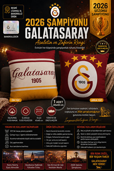 Galatasaray Pernă decorativă Cimbom cu bandă licențiată 1 bucată 40x40 cm Des...