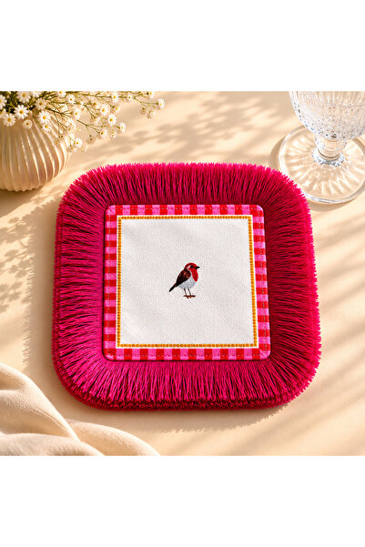 GÜLER HOME Püsküllü Pembe Çizgili Kuş Desenli Sunum Peçetesi