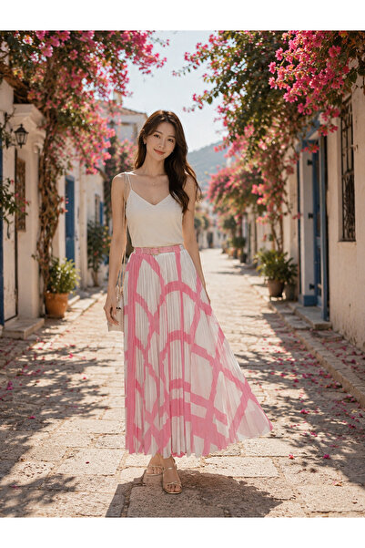 ARİF AKKAYA Summer Geometric Patterned Pleated Skirt with Belt Detail