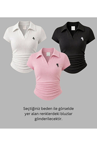 Gofeel 3-Piece Vintage Polo Collar Ribbed Lycra Blouse