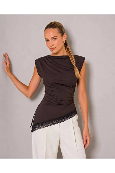 Park Karon Women's Padded Shoulders Lace Detail Asymmetrical Cut Combed Cotto...