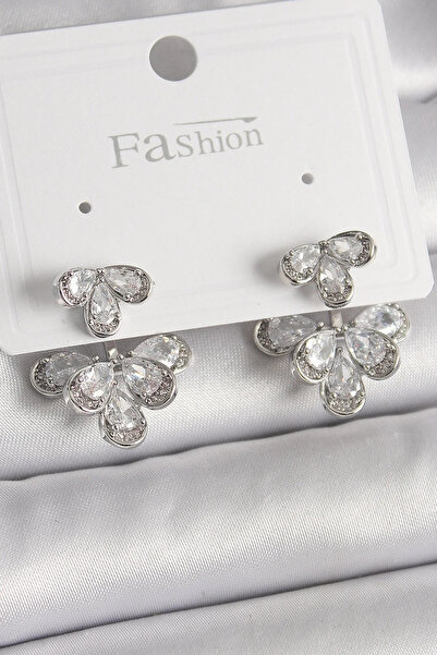USLUCAN ALIŞVERİŞ Brass Silver Color Zircon Stone Drop Model Women's Earrings
