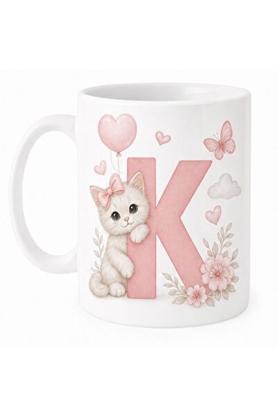 KADOREX DESIGN Kişiye Özel Harfli Kedi Kupa – Sevimli Pembe Tasarımlı Kahve K...