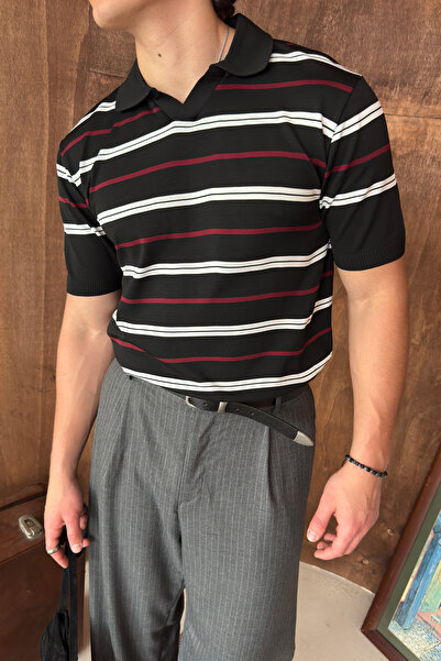 HYMAN Ανδρικό πλεκτό μπλουζάκι Polo Neck Ριγέ