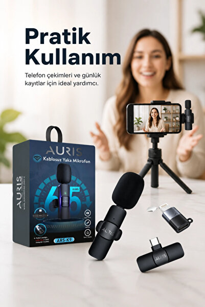 Genel Markalar Kablosuz Yaka Mikrofonu Telefon İçin Usb-C Lightning Adaptörlü...
