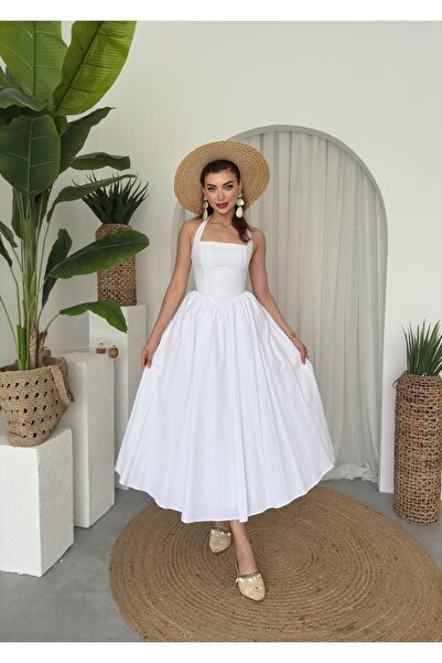 Nils Boutique Luna Boyundan Bağlamalı Poplin Midi Elbise