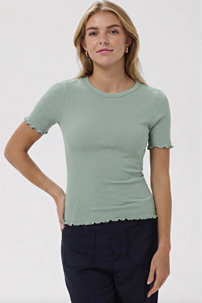 UNIQVIBE Organic Cotton Water Green Women's Ribbed T-Shirt with Stitching Detail