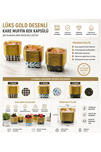 Derwell Lüks Gold Desenli Kare Muffin Kek Kapsülü – Fırına Dayanıklı 3 Farklı...