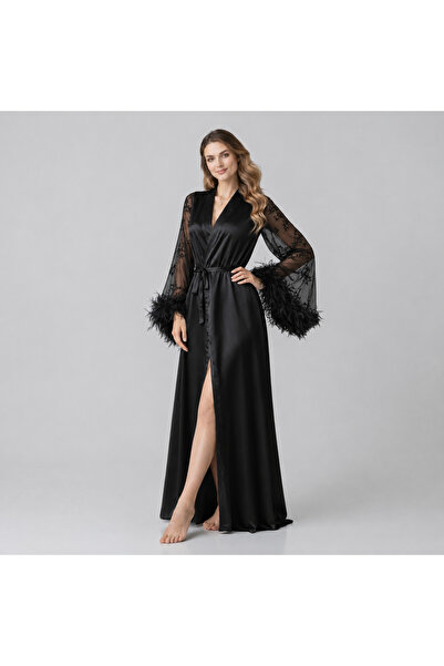VELVIA Satin Robe with Chiffon Sleeves and Feather Trim