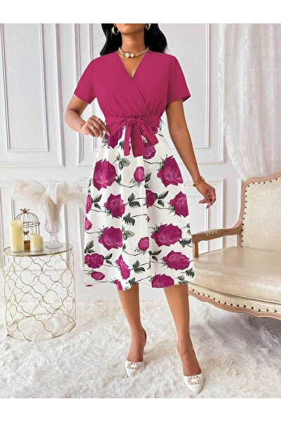 Iuliashop Short Dress Liana Pink with White and Pink Roses - S