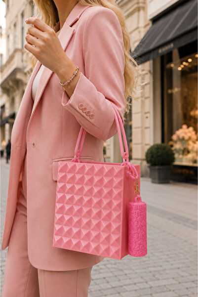 PELIUS Pembe Kadın Eş Çantası, Piramit Model TPU Tote Çanta, Lipstick Kılıflı