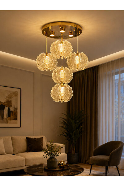 Led YENİ MODEL 5 SARKIT LÜX AVİZE 3 IŞIK SEÇENEĞİ GOLD RENK