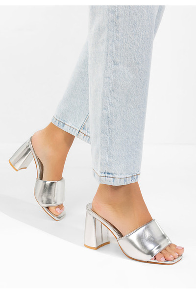 B T Shoes Papuci cu toc gros Miralys argintii