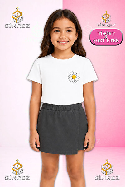 SİNREZ Girl's Set Papatya Plain Logo Printed Short Sleeve T-Shirt Shorts Skirt