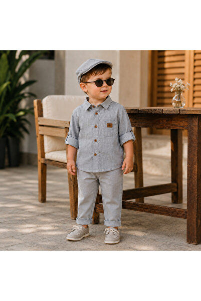 Bebelul Set elegant copii pentru baieti camasa pantaloni si palarie bumbac gri