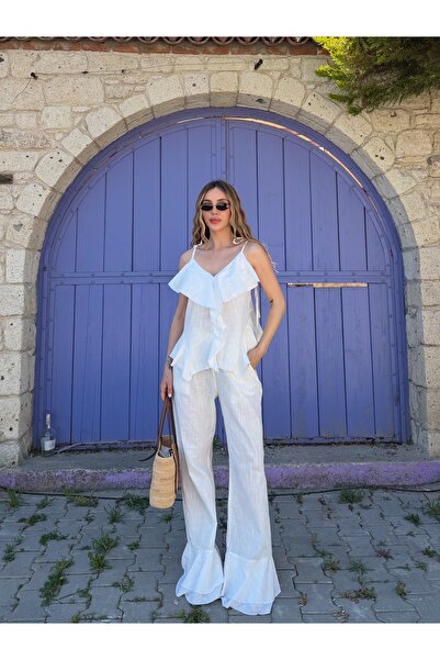 Laluvia White Ruffle Detailed Blouse and Pants Set - 9392