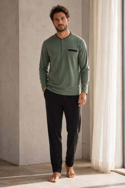 PİJAPİA Men's Long Sleeve 100% Cotton Pajama Set Khaki