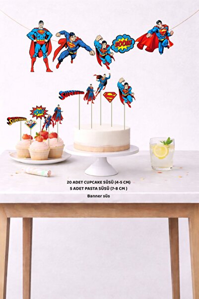 Sinek Kupası Tasarım Superman Birthday Set 5 Figures Banner 5 Figures Cake De...
