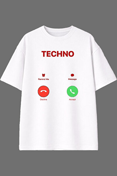 VSRN Μπλουζάκι Techno Is Callingg Design με στάμπα μπροστά, λευκό, oversized