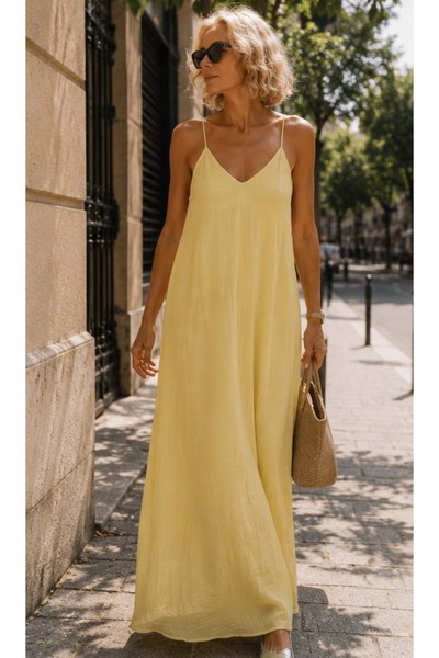 ibeeka Lemon glow linen strap loose maxi dress