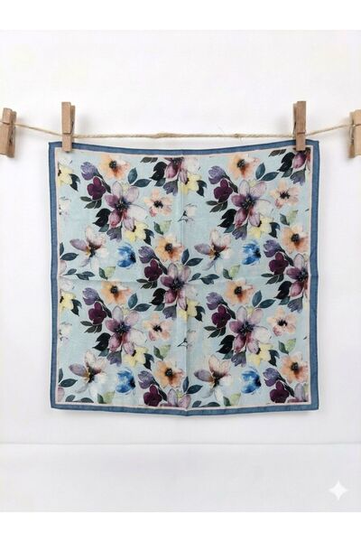 Alse Butik Light Blue Watercolor Floral Patterned Light Textured Scarf (50X50 cm)