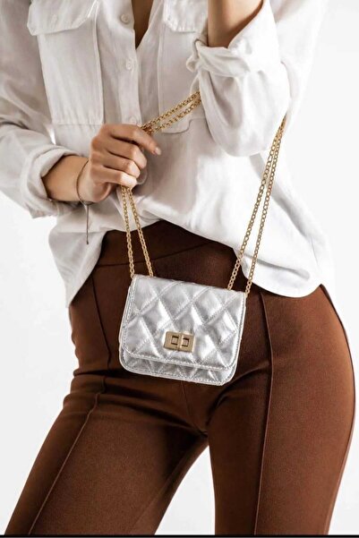 ÖZÜM ÇANTA Women's Chain Strap Diamond Pattern Shoulder Crossbody Bag Silver ...