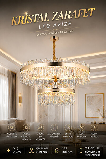 Elvora Home Modern (PREMIUM) Kristal Taşlı Gold LED Avize 3 Renk Ayarlı Lüks ...