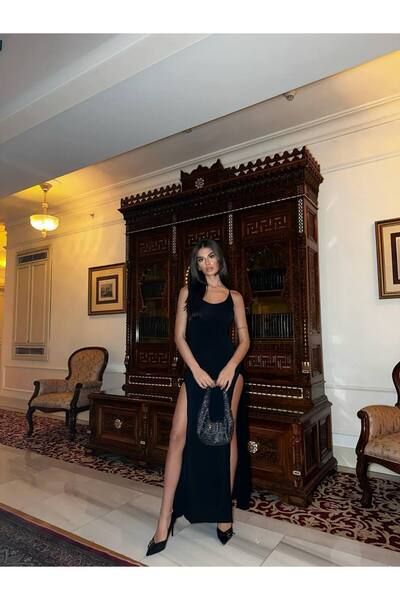 Tayt Factory Çift Slit Spaghetti Strap Basic Long Dress