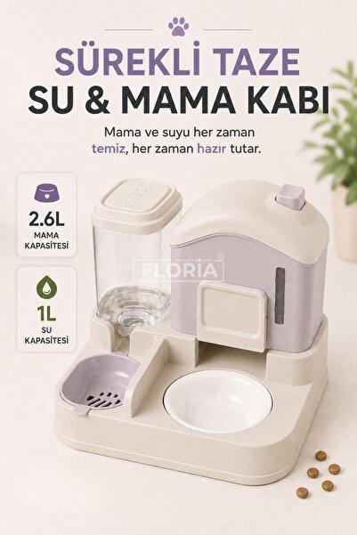 Floria Seramik Kaseli Kedi ve Köpek Mama Su Kabı | 2.6L Mama 1L Su Hazneli