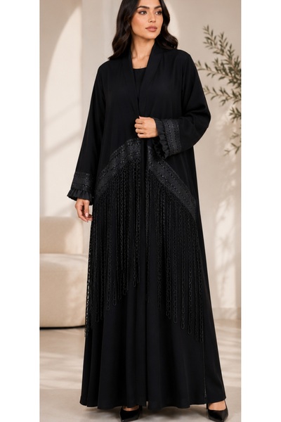 NOUR Abaya Royal Crepe Fabric Korean Style with Crystal Embellishments, Cut L...