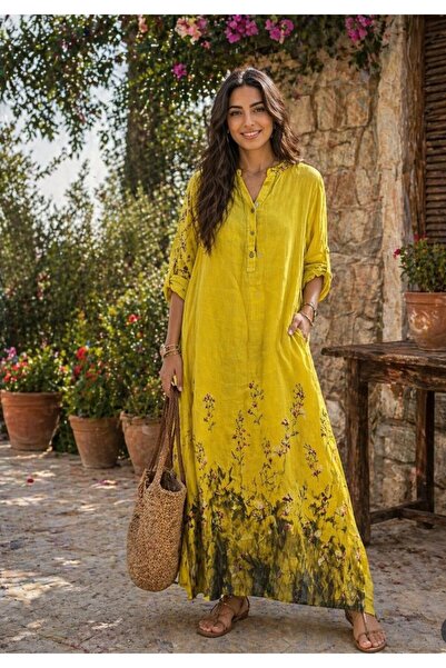 espoire butik kadın italyan keten desenli elbise 42 44 46 48 bedenlere uyumlu...