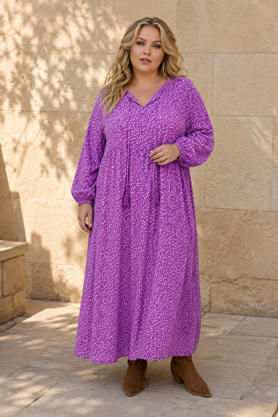 Park Moda Women's Plus Size Purple Lilac Viscose Dress Tassel Collar Summer L...