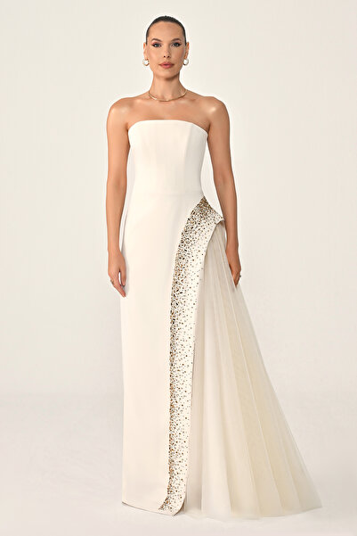 ALFABETA Stone Detailed Crepe Tulle Strapless Long Dress - Alfabetta