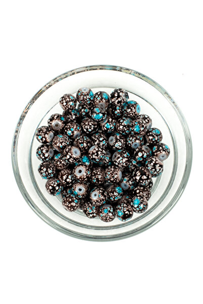 yfhobi 25 Gram- 8 mm Kahve-Mavi Renk Ebruli Desenli Yuvarlak Cam Boncuk, 1.Ka...