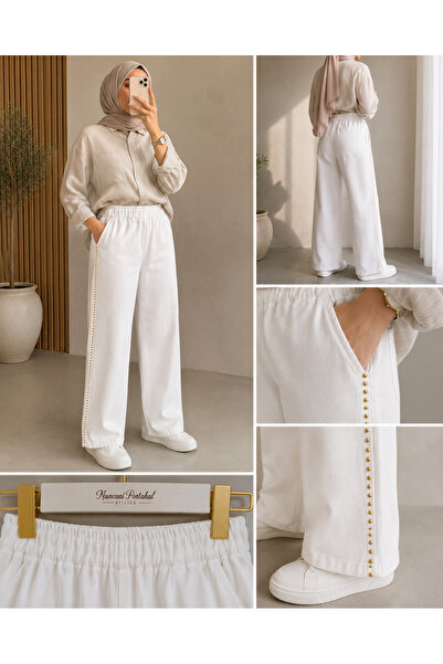 Merwish Gold Metal Detaylı Beyaz Denim Pantolon