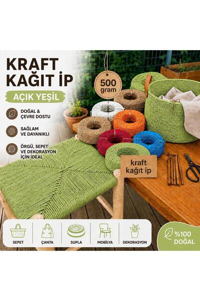 Mady Aksesuar Kraft İp, Açık Yeşil Renk, Çanta Sepet Örgü ipi, 3mm 500 gram