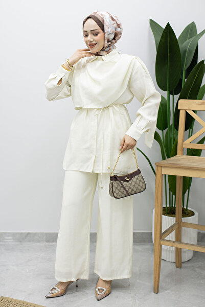 Tesettür Dünyası Shawl Detailed Waist Drawstring Double Set Tsd260229 Ecru