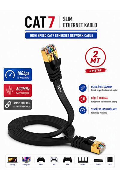Vwin 2 Metre Slim Yassı Cat7 İnternet Ethernet Ağ Kablosu 10 Gbps 600 Mhz Pat...