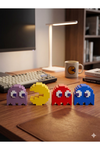 PoplyBizz 4'lü Retro 8-Bit Piksel Pac-man Figür Seti - Nostaljik Atari Karakterleri Masaüstü Oyuncu Dekoru