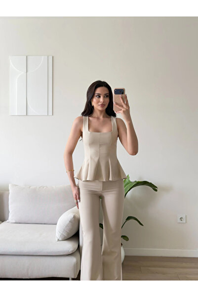 Zoom Butik Premium Volanlı Pantolon Takım - BEJ