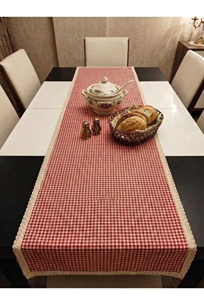 denizli hatırası Colorful Pöti Checkered Cream Laced 45X115 cm Runner
