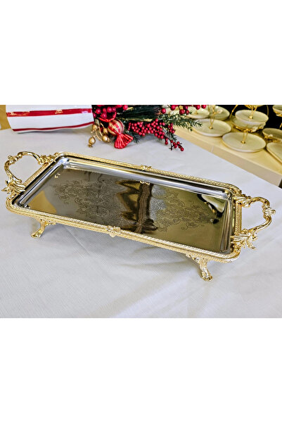 MaviDamla Rectangular Tray with Cast Metal Frame 35*19 Gold