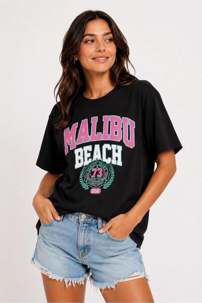 Lizbon Style Tricou de damă oversize, 100% bumbac, cu imprimeu Malibu, cu cro...