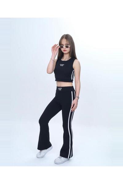 aykidsclup Set negru pentru fete, cu atletă tip crop și pantaloni evazați, cu...