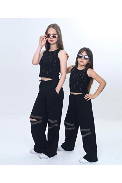 aykidsclup Set pantaloni negri fără mâneci cu detaliu din piatră și picior la...