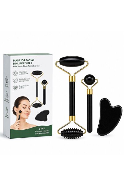 OEM Set Masaj Facial din Jad 3 in 1, Rola Dubla, Roller pentru Ochi si Piatra...