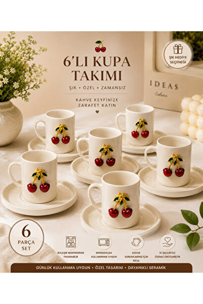 SUDELA Kiraz Figürlü 6 Lı Kahve Fincanı Takımı | Seramik Kupa ve Tabak Seti |...