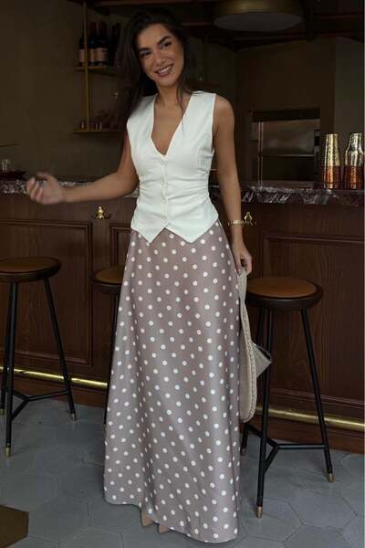 Seeh Beige Polka Dot Maxi Women's Satin Skirt Sh385