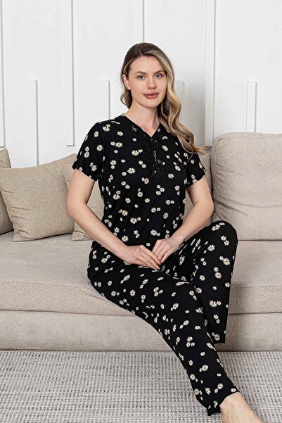 Arya Nisa Kids Black Daisy Pattern Short Sleeve Lycra Viscose 100% Cotton Wom...
